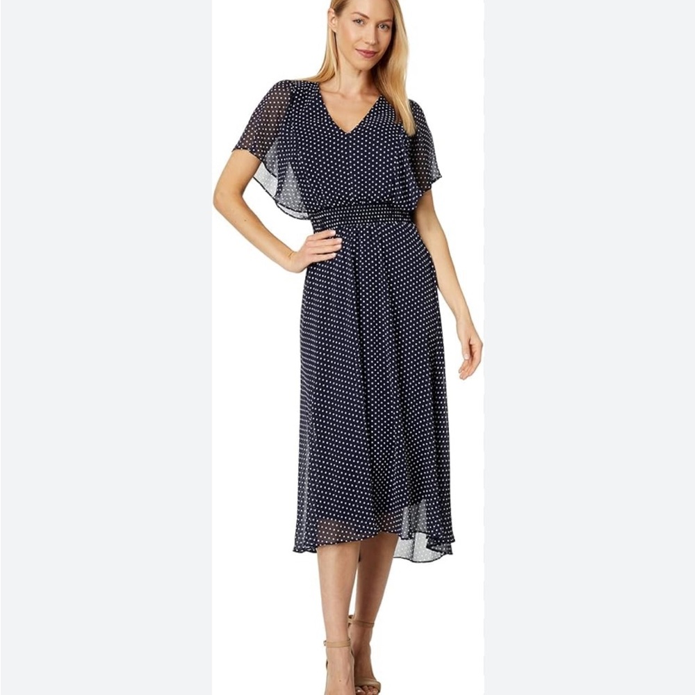 V-neck ruffle sleeve blue with white dots midi dress from DKNY in size 12